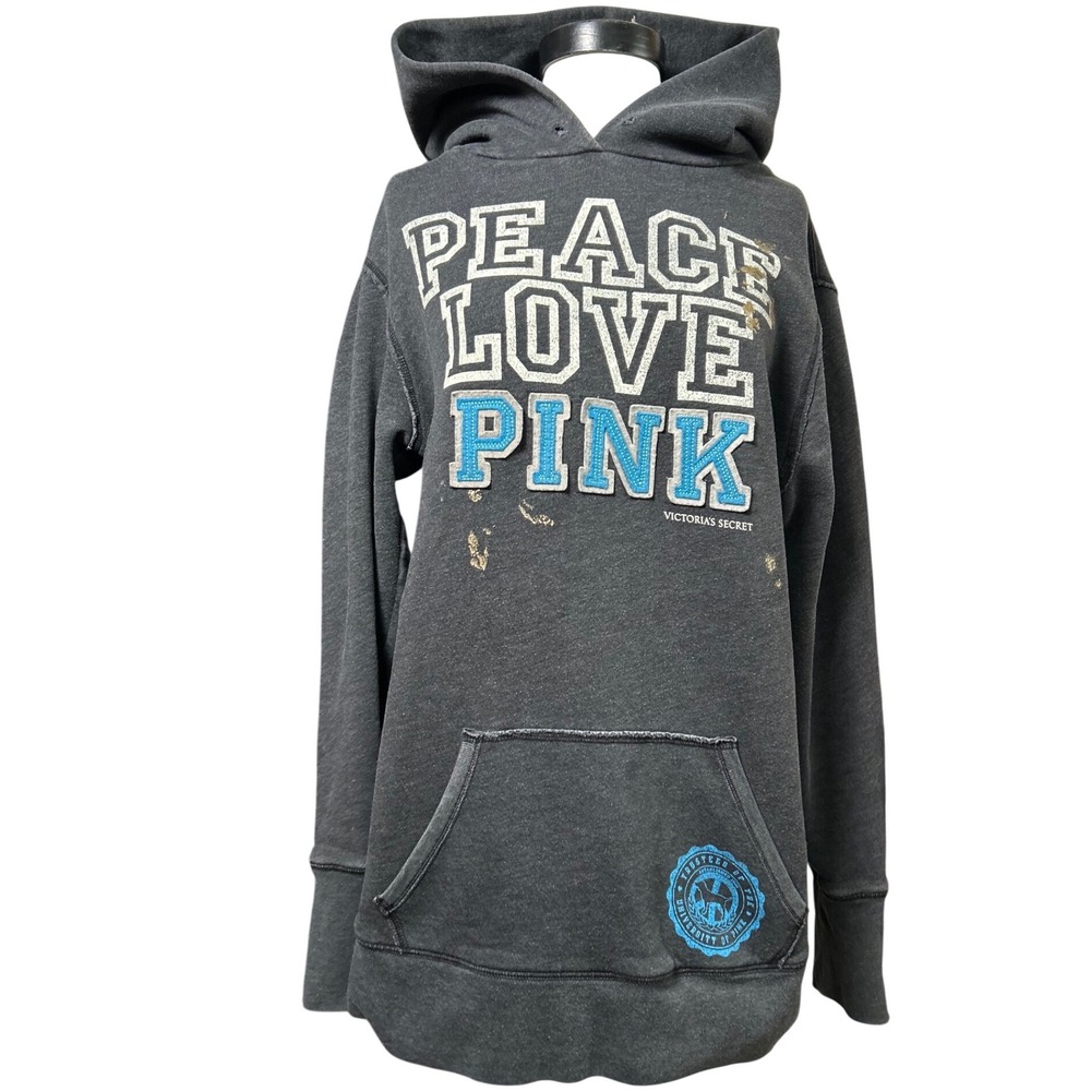 Y2K Victoria's Secret PINK Peace Love Pink Hoodie Grey Pullover Sweatshirt M 07'